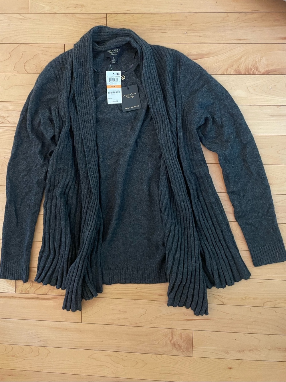 Charter Club Luxury Charcoal Gray Open-Front Ribbed Shawl Cardigan
